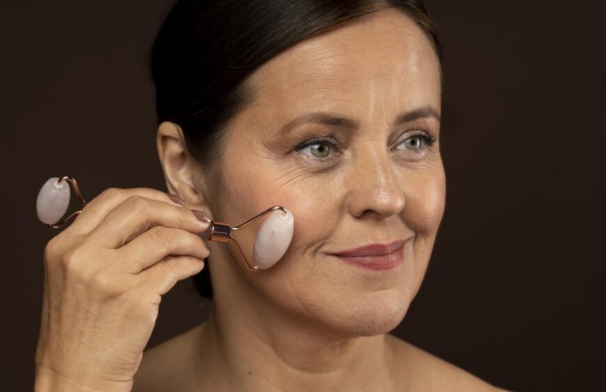 smiley-elder-woman-using-rose-quartz-roller-her-face-min